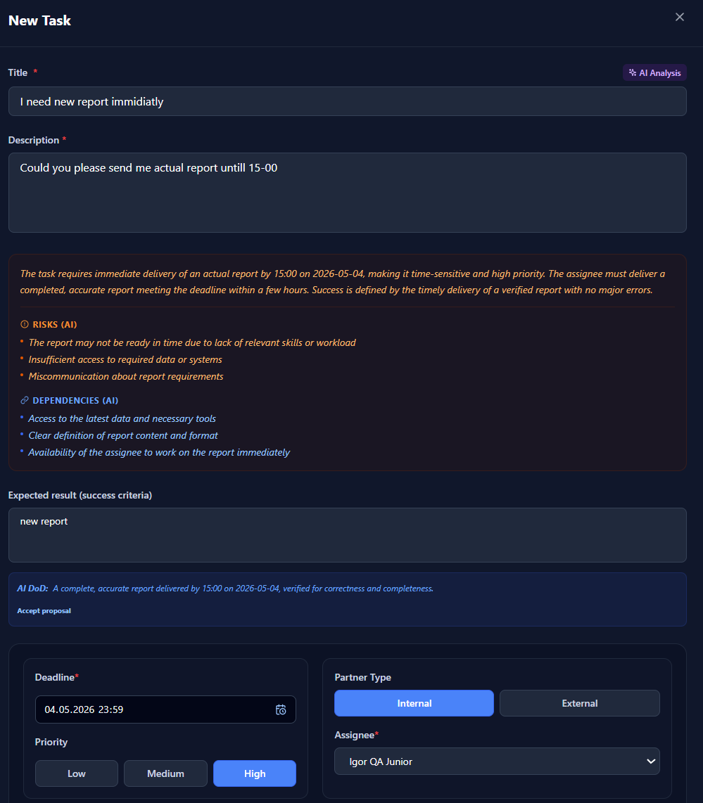 Drixavo AI assistant suggesting a structured new task in chat mode