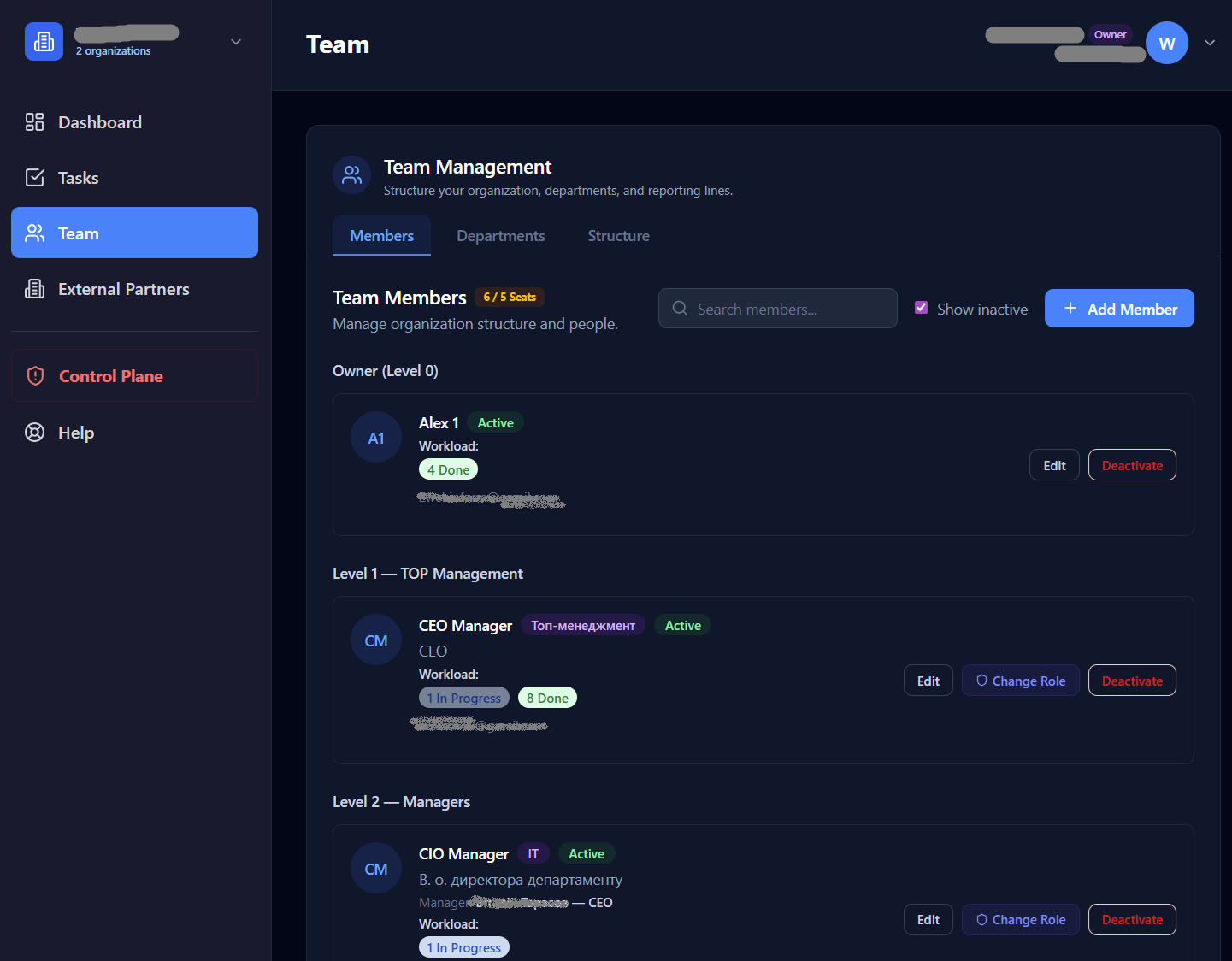 Drixavo team management showing organizational structure with roles and departments